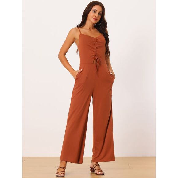 Ruched Drawstring Front Sleeveless Wide Leg Long Jumpsuits Brick Red - Picture 3 of 6